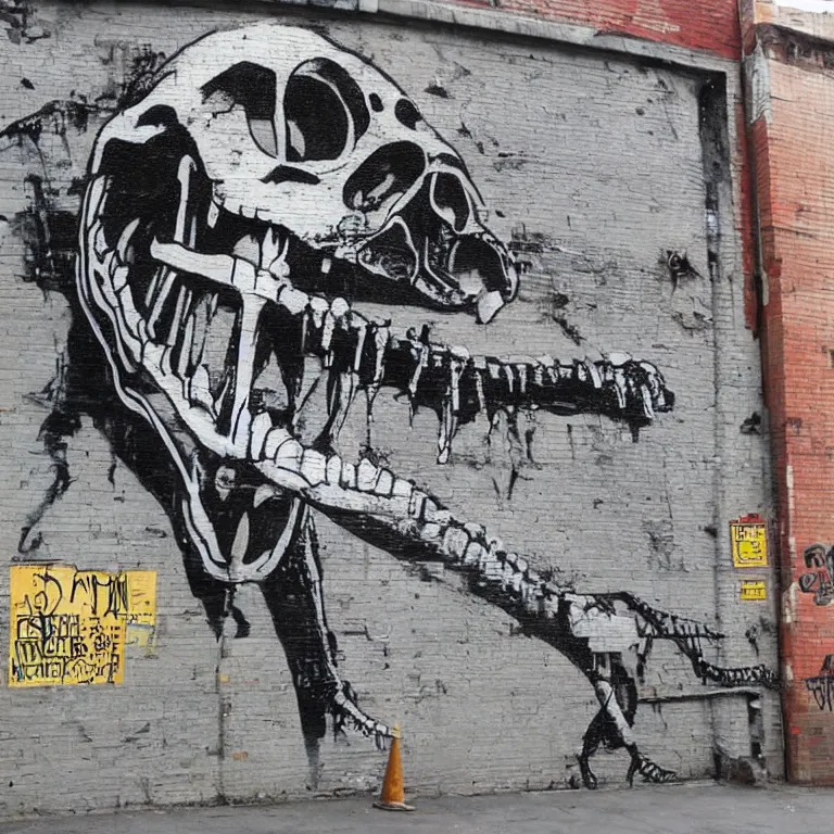 Image similar to Street-art painting of crocodile skeleton in style of Banksy, photorealism