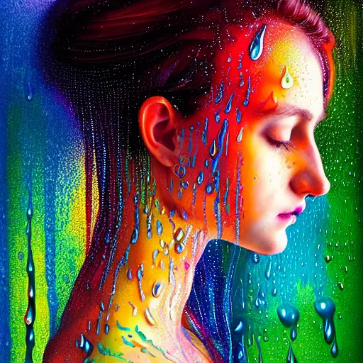 Image similar to portrait of girl in uniquely colored psychedelic rain with wet hair and face, water drops, epiphany, bliss, fantasy, intricate, elegant, dramatic lighting, highly detailed, lifelike, photorealistic, digital painting, artstation, concept art, smooth, sharp focus, illustration, art by John Collier and Albert Aublet and Krenz Cushart and Artem Demura and Alphonse Mucha