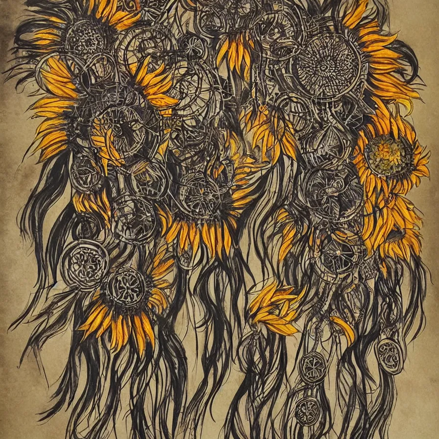 Image similar to Sunflowers dreamcatchers embedded into one another and burning with smoke and flames. Artwork with strong tribal influences.