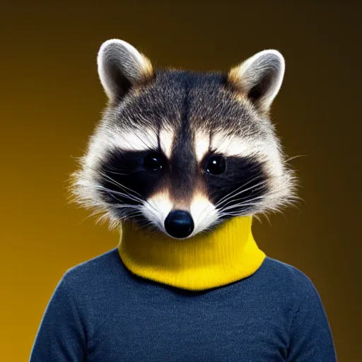 Prompt: happy racoon wearing a yellow turtleneck, studio, portrait, facing camera, studio, dark bg