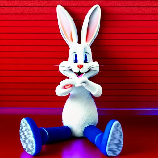 Prompt: photo of a bugs bunny toy sitting infront of a red wall with blue stripes ultra realistic, lens flare, atmosphere, glow, detailed, intricate, full of colour, cinematic lighting, trending on artstation, 4 k, hyperrealistic, focused, extreme details, unreal engine 5, cinematic, masterpiece, ultra realistic, hyper realistic, highly detailed, sharp focus, digital art