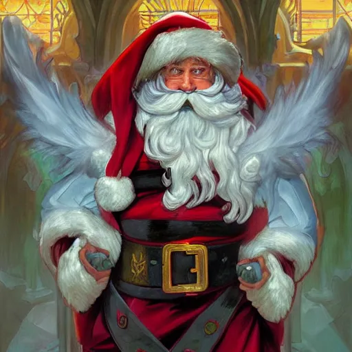 Image similar to an epic fantasy comic book style full body portrait painting of santa claus. d & d. fantasy. intricate. elegant. highly detailed. digital painting. artstation. concept art. matte. sharp focus. illustration. art by artgerm and greg rutkowski and alphonse mucha