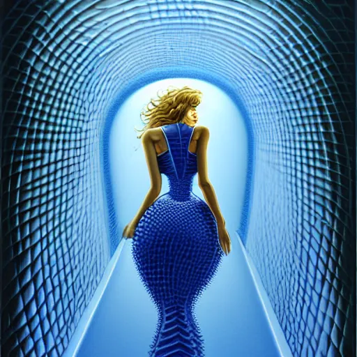 Image similar to beautiful woman entering a tunnel, walking with swagger, blue sky, art by peter lloyd 1 9 8 0, airbrush style, art by hajime sorayama,, intricate, elegant, sharp focus, illustration, highly detailed, concept art, matte, sharp focus, illustration, highly detailed, concept art, h 6 4 0