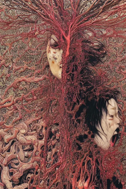 Image similar to realistic detailed image of a Body ripping apart, Conjuring Psychedelic by Shintaro Kago, Neo-Gothic, gothic, rich deep colors. Beksinski painting, part by Adrian Ghenie and Gerhard Richter. art by Takato Yamamoto. masterpiece