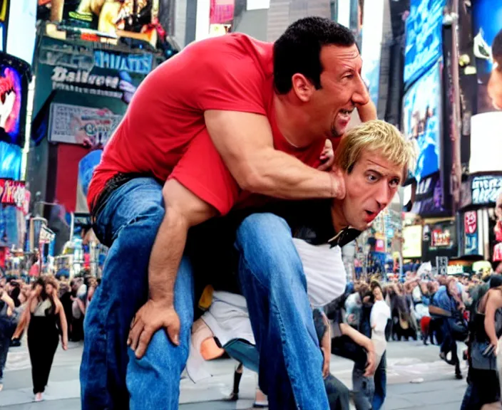 Image similar to The rock piggyback on Adam Sandler on Methamphetamine at Times Square, photograph by Alfred Eisenstaedt, 4K, dramatic lighting; 4K 8K