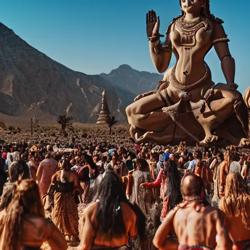 Prompt: A giant Shiva dancing in the desert surrounded by people dancing, wide-angle shot by canon lens 70mm, insanely detailed