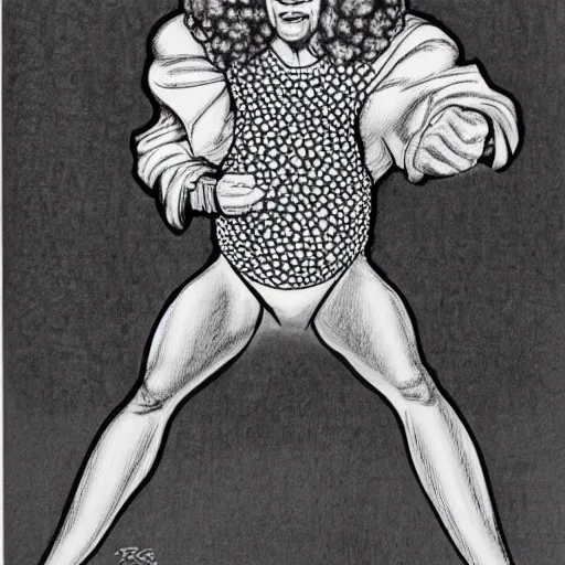 Image similar to a portrait drawing of Richard Simmons drawn by Robert Crumb