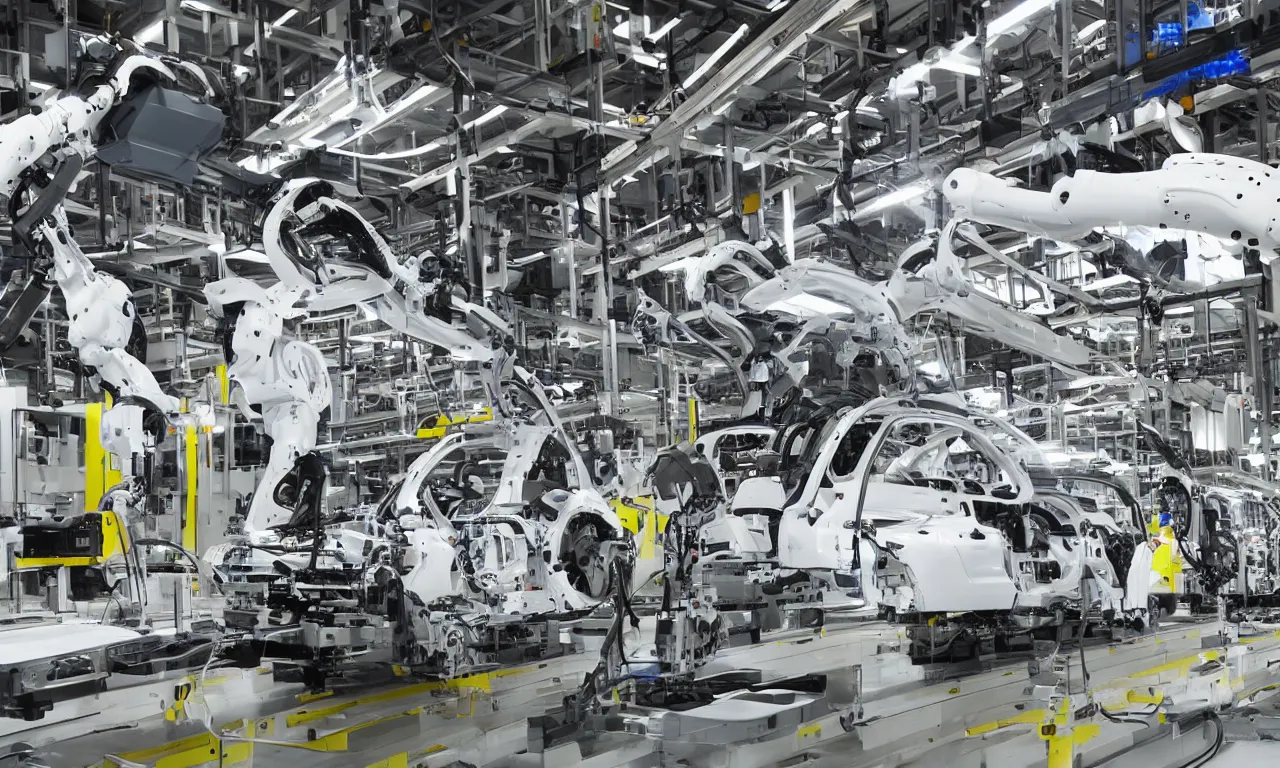 Prompt: car production line with robotic arms welding, big hall, white, bright, technology, modern, straight on, straight camera view