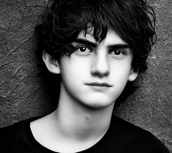 Image similar to an 8 5 mm professional portrait of nico di angelo, a 1 5 - year - old thin italian boy with pale olive skin, black sullen eyes, emo, sleep deprived, son of hades, shaggy black hair, a reluctant smile, detailed professional photography, night lighting, defiant, ghosts theme, volumetric lighting