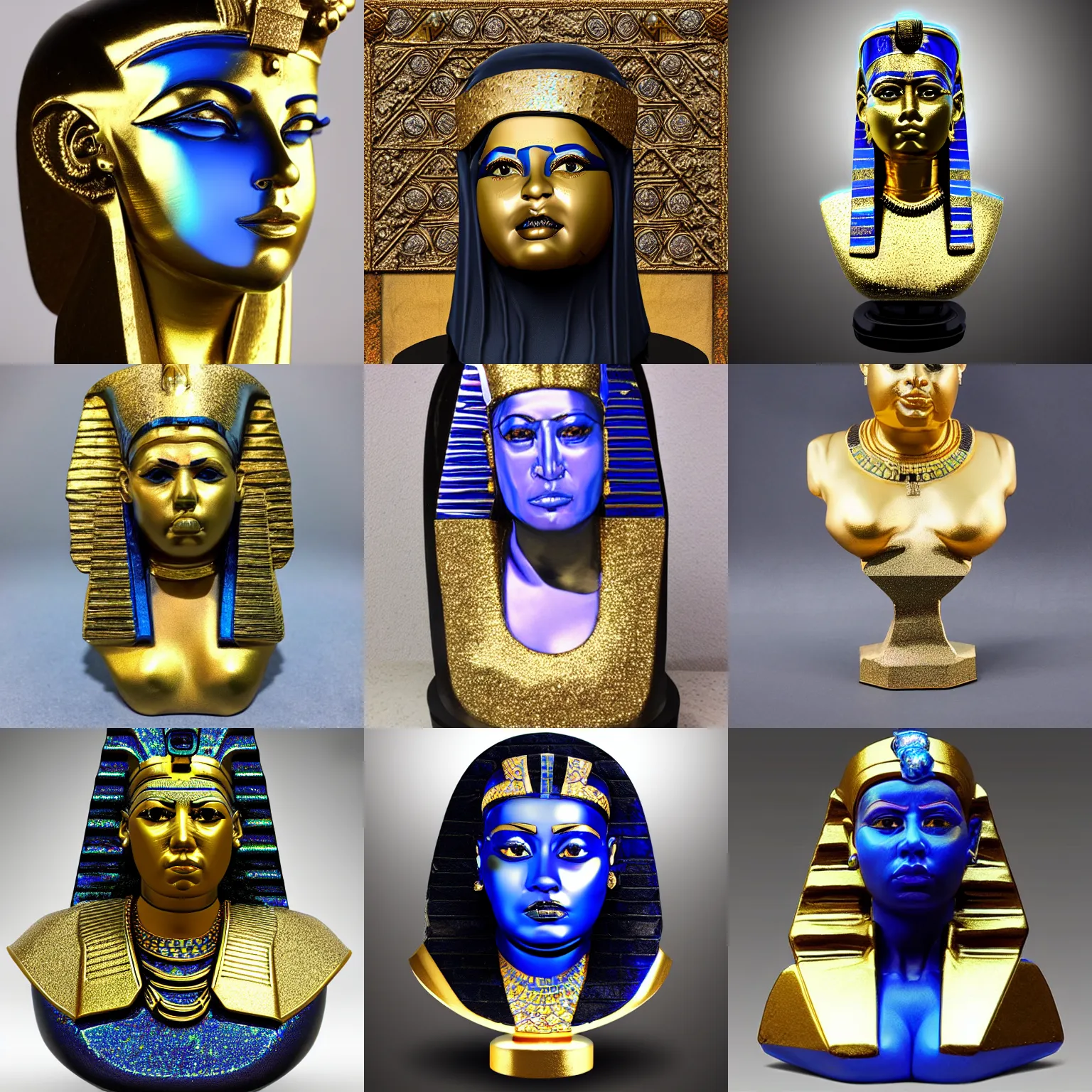 Prompt: intricate holographic realistic bust sculpture of futuristic digital obese angry egyptian feminine girl empress, stone and glass and gold, blue and black, masterpiece