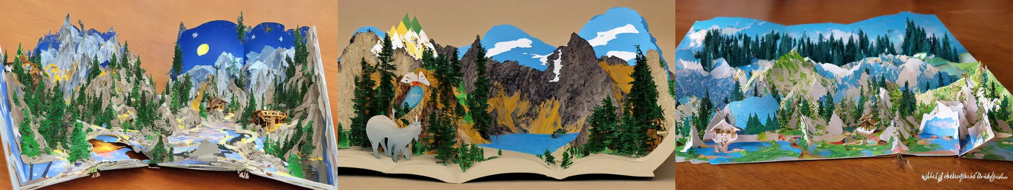 Prompt: lakeside mountains, pop - up book