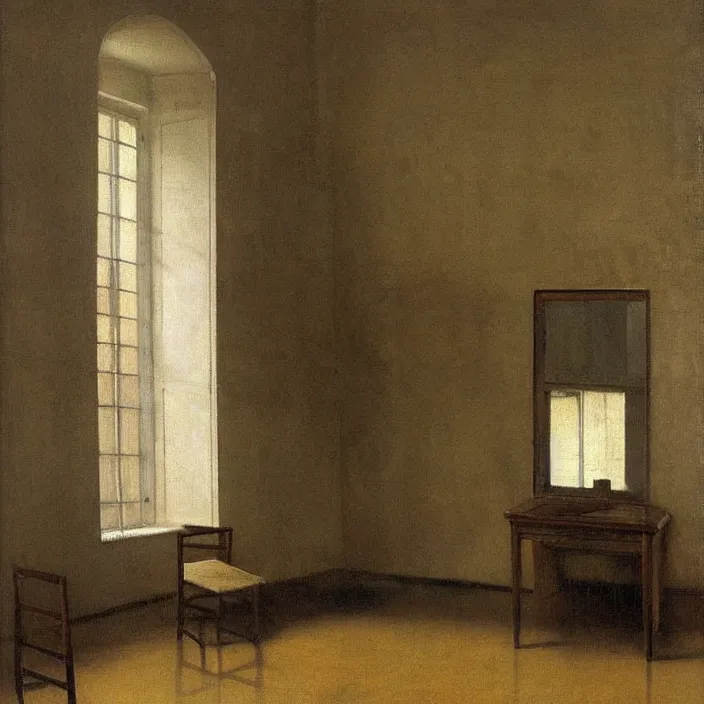 Image similar to interior of a flooded old house full of furniture. painting by hammershoi, balthus, mark rothko, vermeer, monet