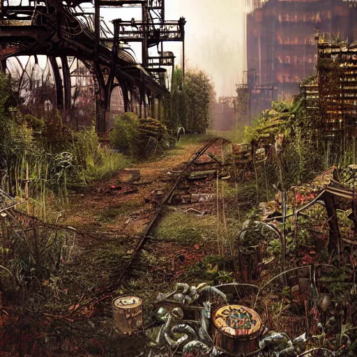 Prompt: hyper-industrial steam punk abandoned city photo overgrown taken at dusk, realistic painting, sad themed