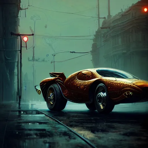 Image similar to cyborg vintage flying supercar slick warm tones : by michal karcz, daniel merriam, victo ngai and guillermo del toro : ornate, dynamic, particulate, intricate, elegant, highly detailed, centered, artstation, smooth, sharp focus, octane render