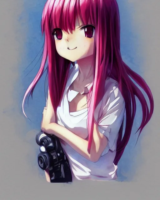 Image similar to portrait of a very very beautiful anime girl with chin length pink hair wearing a white tshirt slightly smiling while looking at the viewer, artstation, digital drawing, color manga panel, art by range murata shirow masamune and katsuhiro otomo, highly detailed, sharp focus, soft shadows, watercolor