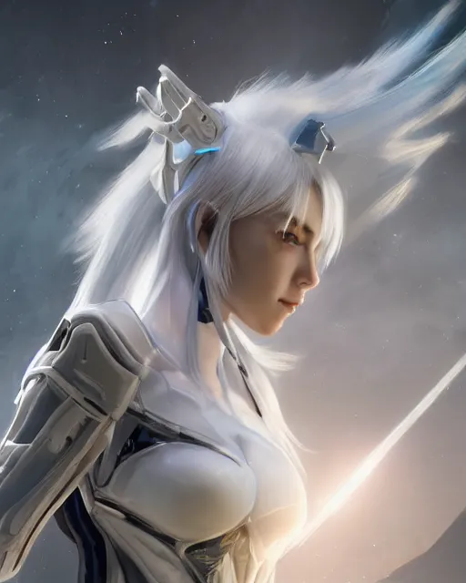 Prompt: perfect white haired girl, warframe armor, beautiful, dreamy, half asian, pretty face, blue eyes, detailed, windy weather, scifi, utopian architecture, laboratory, 4 k, ultra realistic, epic lighting, cinematic, high detail, masterpiece, art by akihito tsukushi, akasuki voidstar