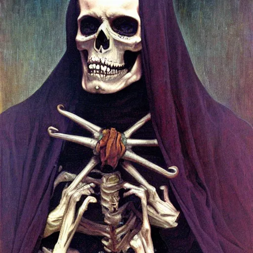 Image similar to the grim reaper, skeleton, oil painting, canvas, paul delaroche, alphonse mucha, arnold böcklin, hermann hendrich, very detailed