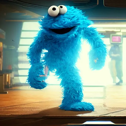 Image similar to cookie monster in cyberpunk 2 0 7 7 unreal engine 5 8 k hyperdetailed