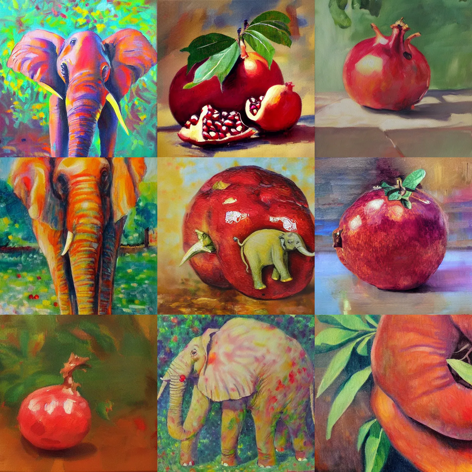 Prompt: impressionist oil painting of a hybrid elephant pomegranate