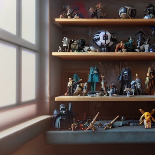 Prompt: antique shelf filled with star wars toys. photorealism, soft window light, morning. hyperrealism, dusty, moody, high detail, artstation, unreal engine.