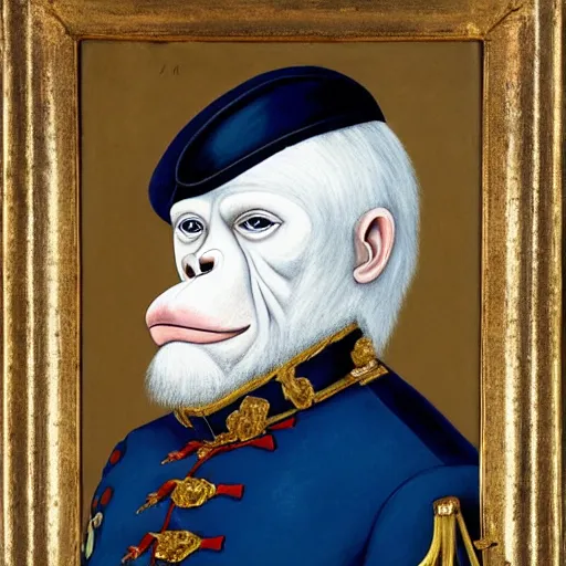 Prompt: An exquisite modern painting of an albino chimpanzee dressed like a bearded Napoleon with correct military uniform, no frames