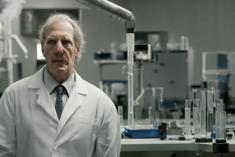 Image similar to an ultra realistic cinematic portrait of an evil male scientist smirking, foggy, stood in a lab, detailed, deep focus, movie still, dramatic lighting, by werner herzog