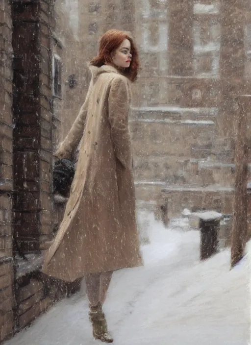 Image similar to back of emma stone in beige coat, walking into new york apartment building in winter, zoomed out, artwork by gaston bussiere, craig mullins, trending on artstation