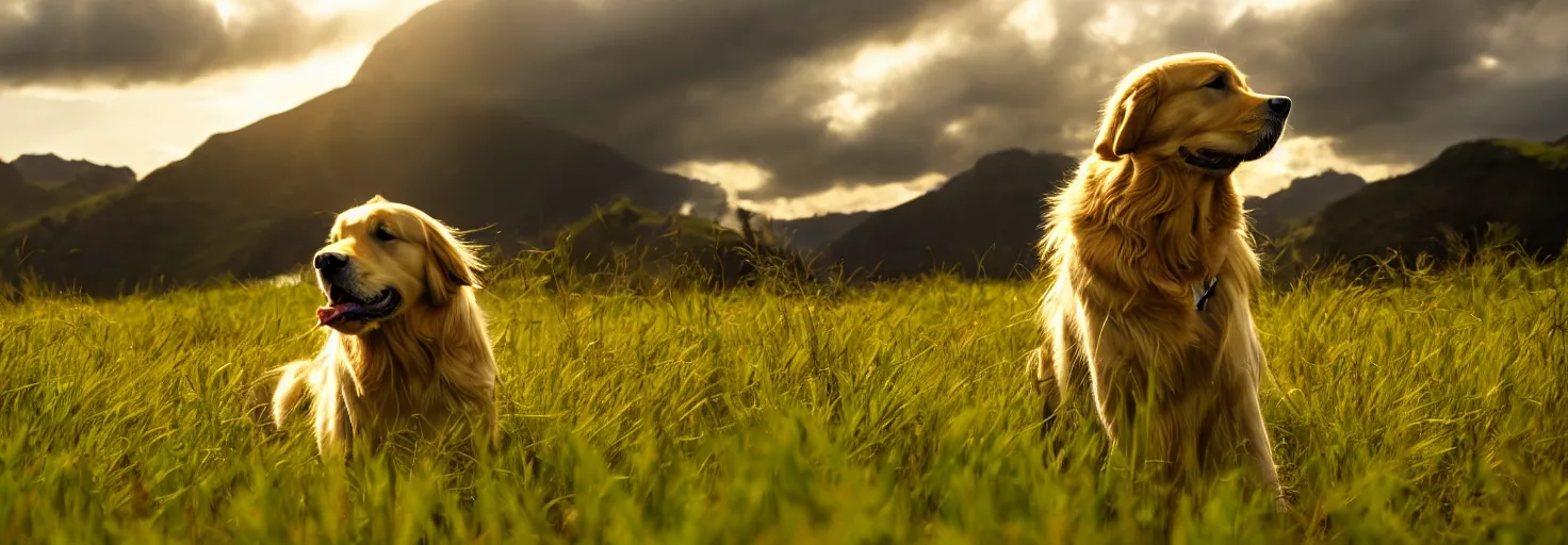 Prompt: a golden retriever in the grass field watching a distant view of a dramatic valley landscape, golden retriever, beautiful lighting, 8 k, high resolution detailed face, epic beauty, cinematic