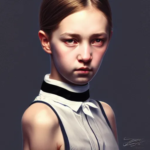 Image similar to a girl wearing collar around neck, looking at the camera, beautiful and aesthetic, close up, bitter, dramatic pose, intricate, highly detailed, detailed face, smooth, sharp focus, specular light, occlusion shadow, rim light, artgerm, artstation, art by greg rutkowski and ilya kuvshinov and salvador dali, fantasy illustration