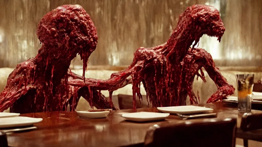 Image similar to the strange creature in a restaurant, made of blood and water, film still from the movie directed by Denis Villeneuve with art direction by Salvador Dalí,