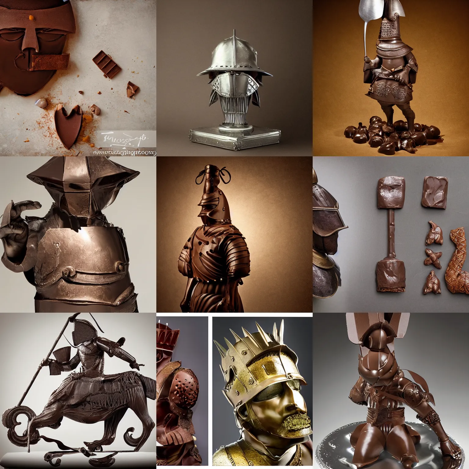 Prompt: chocolate sculpture of a knight, food photography, studio lighting