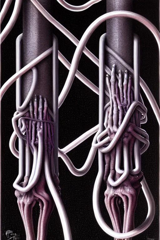 Image similar to tangled grey pipes and hoses which resemble human limbs by thomas ligotti and wayne barlowe