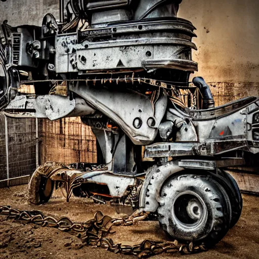 Image similar to giant scary treaded mining automated machine with drill, mining scrap metal, highly detailed body, retro, industrial, dark, dystopian, apocalyptic, clean, 8 5 mm f / 1. 4