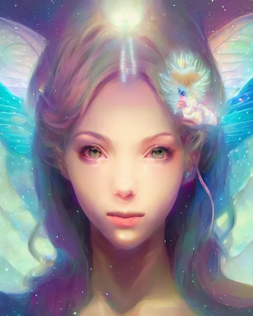 Prompt: a detailed image of an attractive!!!! girl with psychedelic! fairy wings holding!! a crystal!! containing all of reality and galaxies, by greg rutkowski artgerm ross tran ilya kuvshinov. volumetric lighting, digital art, subtle and detailed