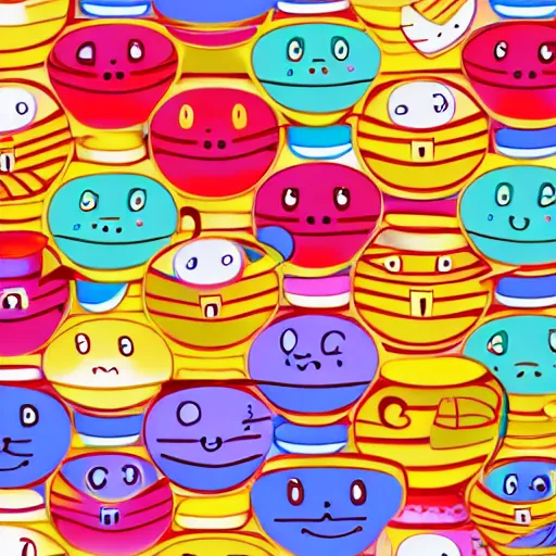 Image similar to colorful happy japanese illustration of smiling coffee cups surrounded by beautiful nature and patterns, 4 k, high detail