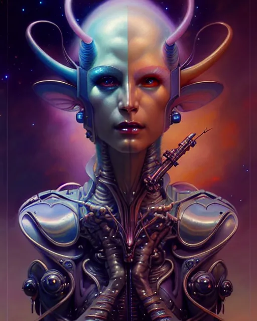 Image similar to beautiful gemini fantasy character portrait, ultra realistic, wide angle, intricate details, blade runner artifacts, highly detailed by peter mohrbacher, hajime sorayama, wayne barlowe, boris vallejo, aaron horkey, gaston bussiere, craig mullins