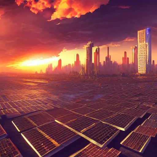 Image similar to solar punk, city panorama,beautiful sunset,organic growth, panoramic,boris vallejo,luis royo,michael whelan,photorealistic,unreal engine 5,octane render,detailed