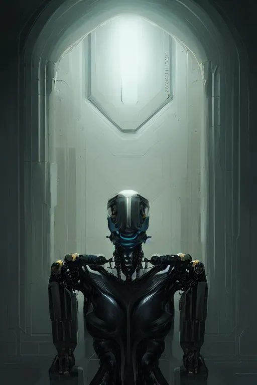 Image similar to professional concept art portrait of a predatory robotic species in a dark room by artgerm and greg rutkowski. an intricate, elegant, highly detailed digital painting, concept art, smooth, sharp focus, illustration, in the style of cam sykes, wayne barloweigor, kieryluk.