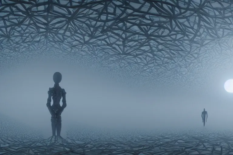 Image similar to a complex organic fractal 3 d ceramic symbiotic humanoid megastructure, cinematic shot, foggy, photo still from movie by denis villeneuve