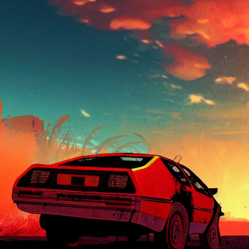 Prompt: wasteland hotline miami desert apocalypse car on fire wasteland war destroyed wide shot landscape nuke fire craters end of the world miami beach sunset palm trees 80s delorean unreal engine style