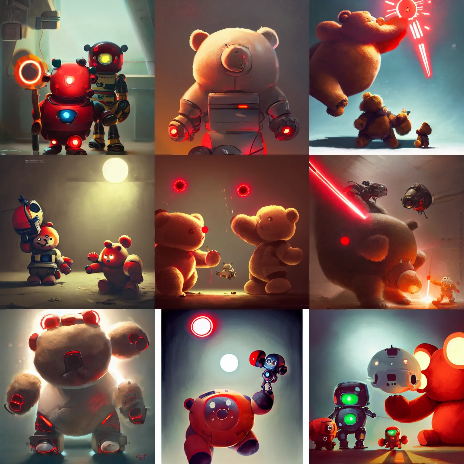 Prompt: sideview of cute chubby dangerous angry 3 years old robots kids in battle pose ruling the world with oversized teddy bear head big glowing laser red eyes and big bear ears , big complex belly mechanism , studio light, wapor wave retro design trending by greg rutkowski