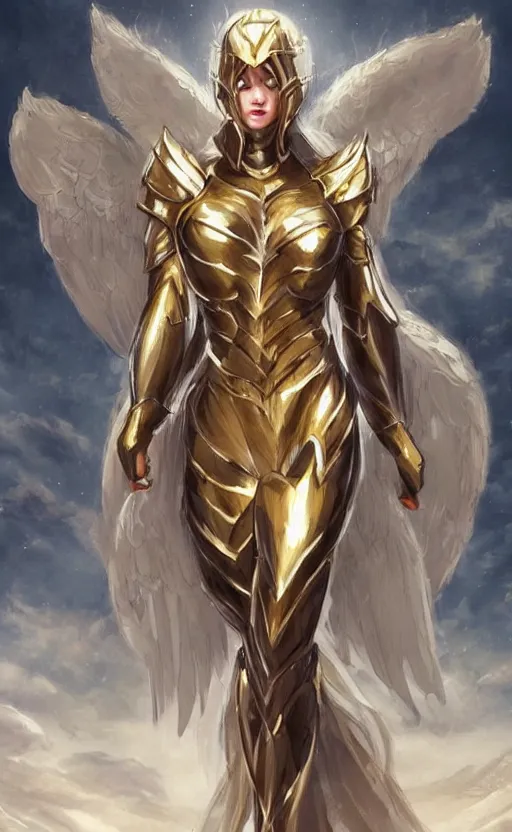 Prompt: Concept art, angel knight girl in golden and silver armor adorned with sapphire gems, artstation trending, cinematic, highly detailded