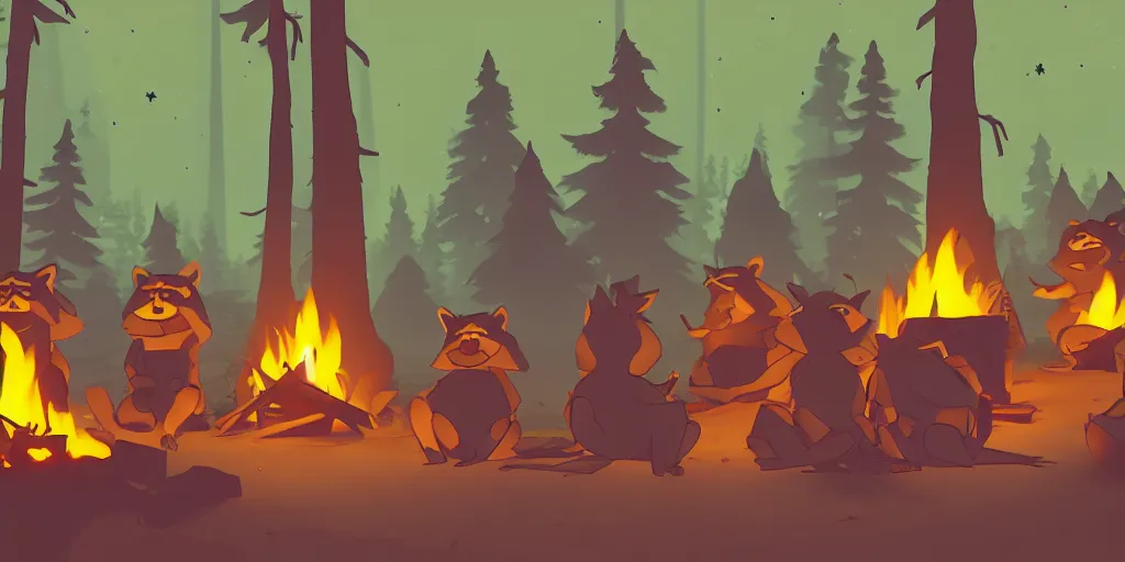 Image similar to a group of racoons sitting around a campfire in the middle of the forest, surrounded by fireflies. Firewatch style