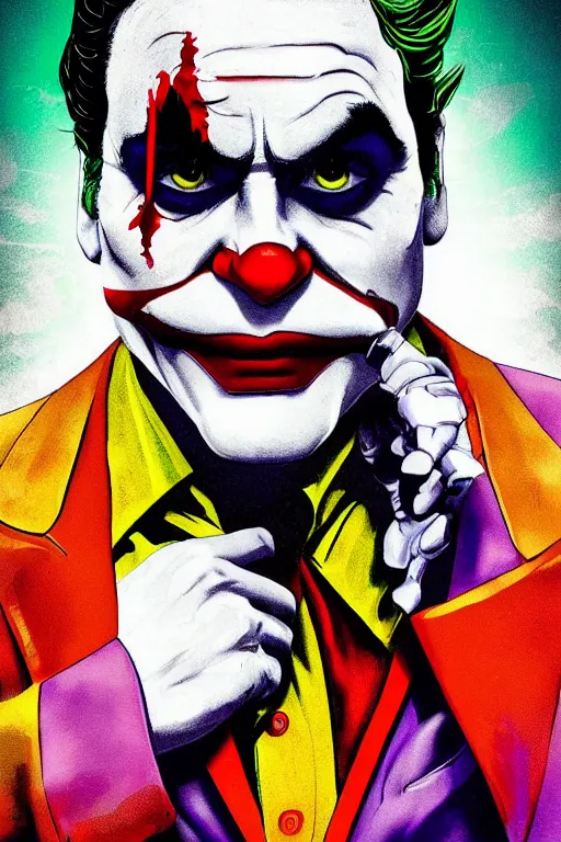 Image similar to joaquin phoenix as joker, comic book cover, issues 2 0, by dc comics, justify content center, delete duplicate object content!, violet polsangi pop art, gta chinatown wars art style, bioshock infinite art style, incrinate, realistic anatomy, hyperrealistic, 2 color, white frame, content balance proportion