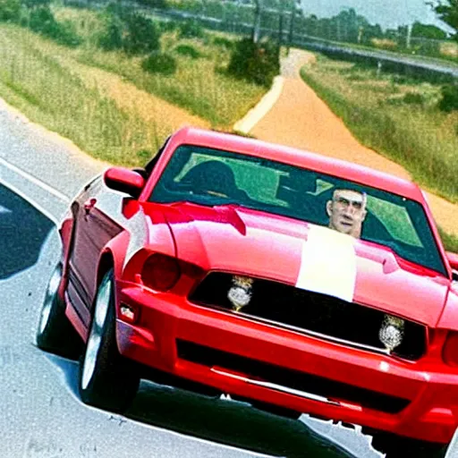 Image similar to coloured photograph of a muscled young white bald guy with broad shoulders, black shirt and a large chest driving a racing red mustang down a british road, high detail