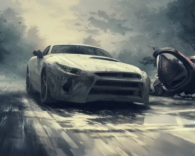 Prompt: a white fast car crash, horror scene, dramatic, anime art, Greg Rutkowski, studio ghibli, dramatic lighting