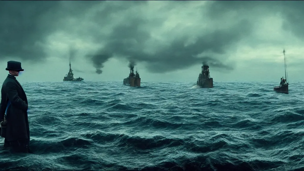 Prompt: photo of the Peaky Blinders coming out of the ocean, extreme detailed face, spaceship far on the background, film still from the movie directed by Denis Villeneuve with art direction by Zdzisław Beksiński, wide lens
