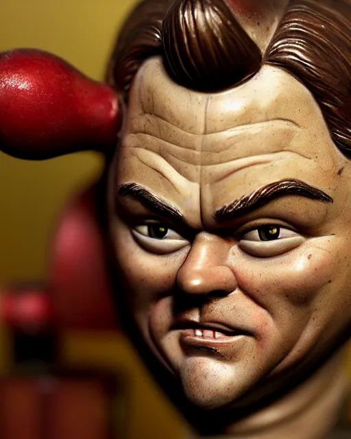 Image similar to highly detailed closeup, face profile portrait of a tin toy leonardo dicaprio as a medieval goblin eating cakes in a castle, hyper realistic, artstation, illustration, nicoletta ceccoli, mark ryden, lostfish, dan decarlo, bob clampett, max fleischer, digital paint, matte paint, vivid colors, detailed and intricate environment