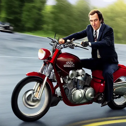 Prompt: A photo of Saul Goodman riding a motorcycle, highly detailed, 4k