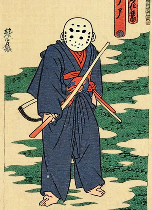 Image similar to jason voorhees as a yokai illustrated by kawanabe kyosai and toriyama sekien